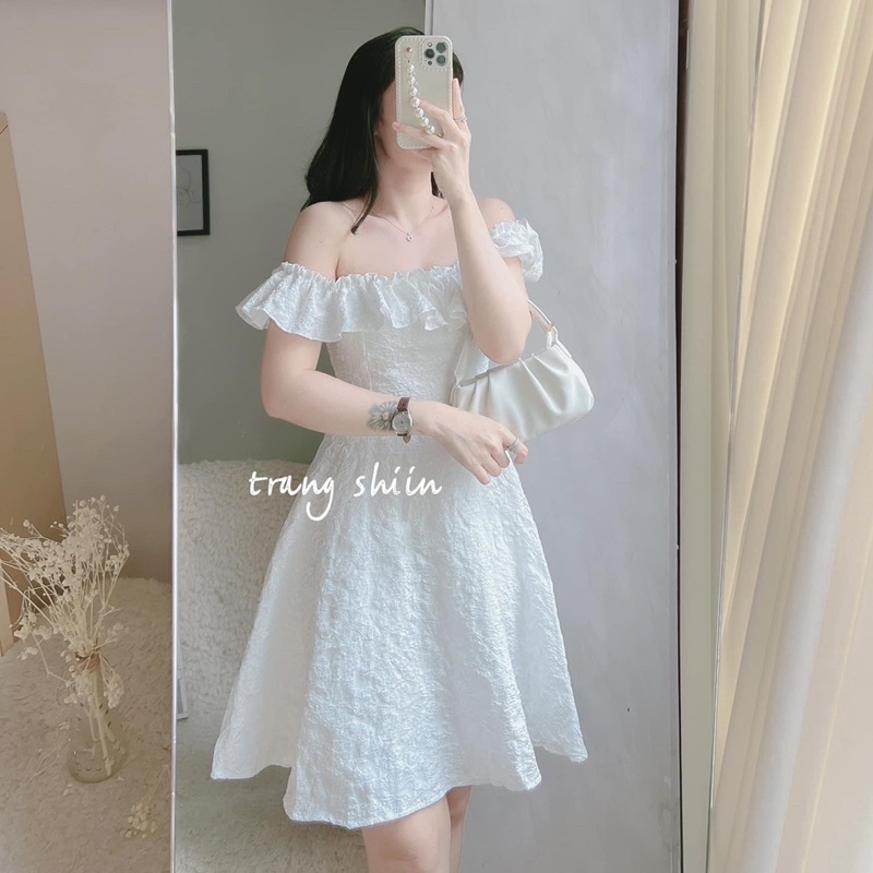 ĐẦM XỐP BẸT VAI BÈO MIDI TRẮNG