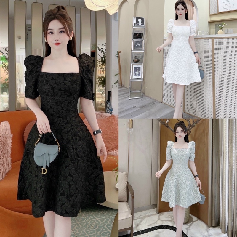 (Siêu Hót) Váy xốp cổ vuông tay bồng dáng xoè siêu tôn dáng
