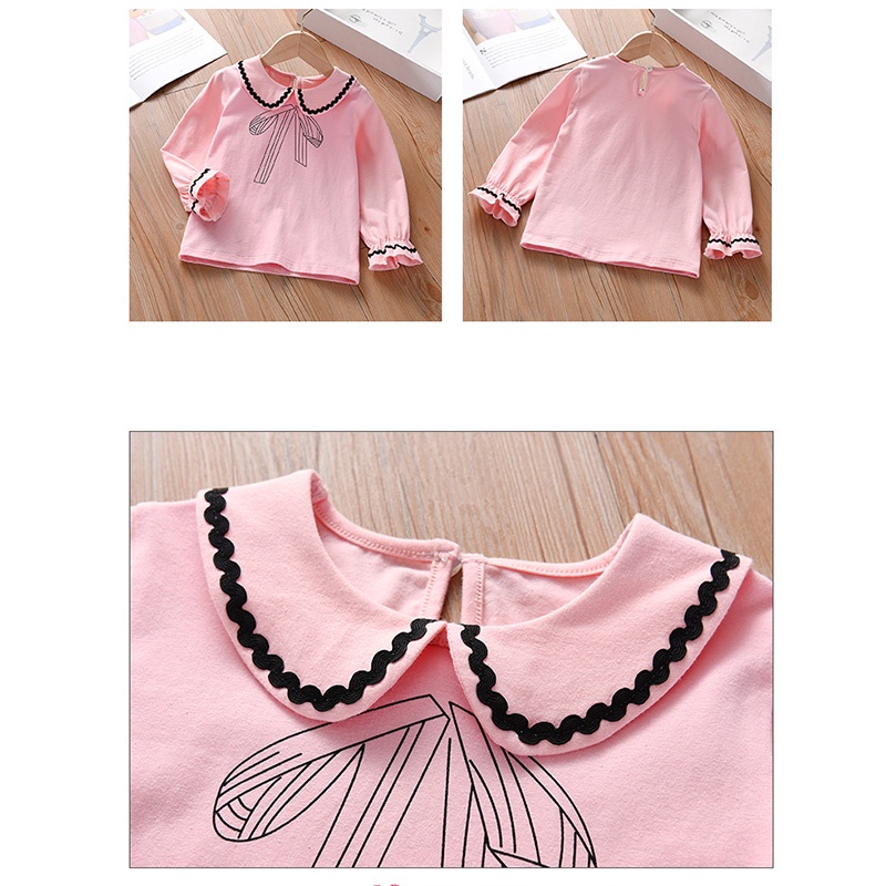 Áo Sơ Mi Tay Dài Cổ Búp Bê Đính Nơ Xinh Xắn Cho Bé Gái