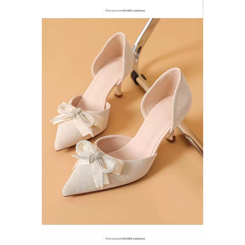 GIÀY CAO GÓT NỮ BEESHOES MŨI NHỌN - GIÀY CAO GÓT NỮ GÓT NHỌN CAO 7 PHÂN SẴN MÀU KEM - ĐEN 220556