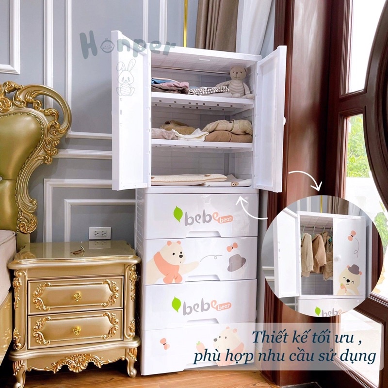 Tủ nhựa Honper 5 tầng mẫu mới nhất đựng quần áo, bỉm sữa, đồ dùng đa năng cho bé và cả gia đình Gấu trắng và Gấu nâu
