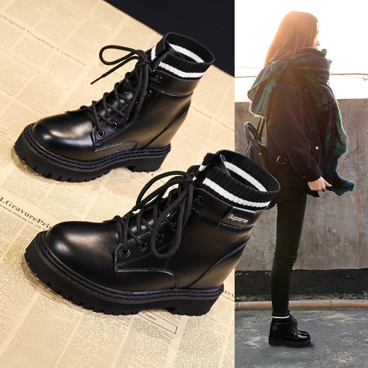 Giày nữ màu đỏ ròng mùa thu và đông 2021 new wild plus nhung Martin boots phong cách Anh bốt ngắn mỏng