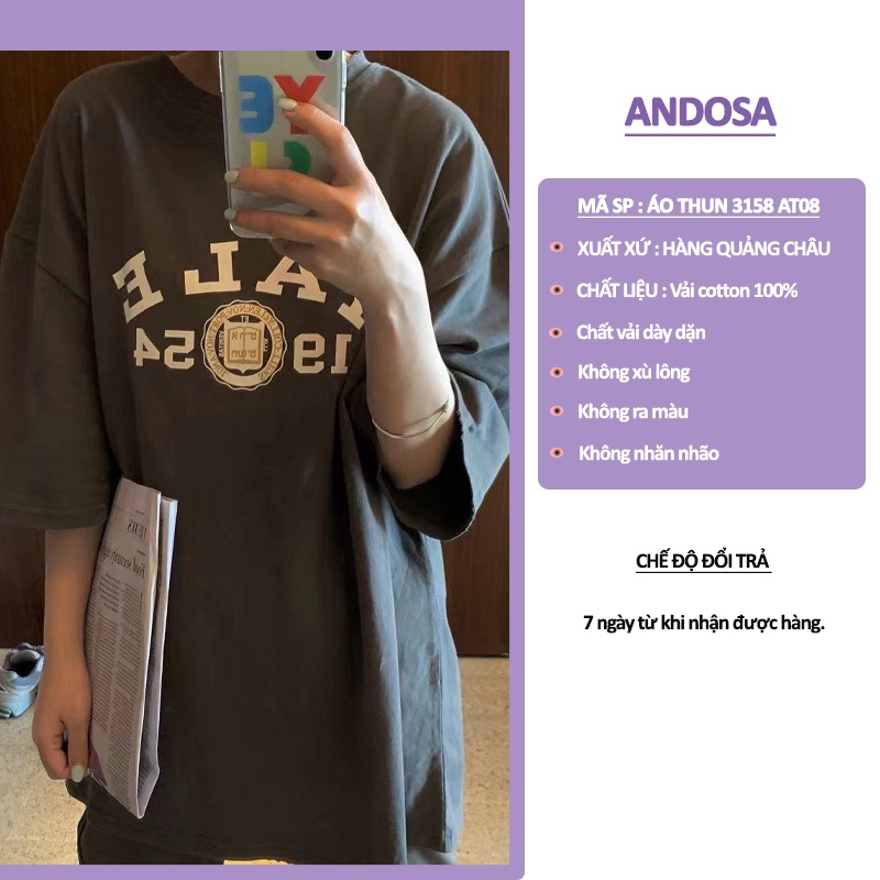 Áo phông 3158 tay lỡ form rộng thun nam nữ in chữ chất cotton khô hàng Quảng Chẩu ANDOSA AT08