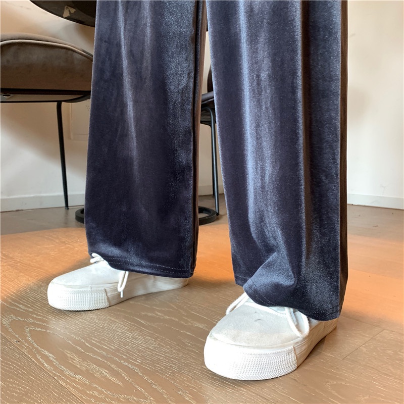 Quần Nhung Đen Ống Rộng Lưng Cao Phong Cách Hàn Quốc Thời Trang Mùa Xuân Cho Nữ