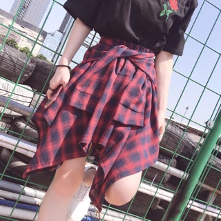 Chân váy kẻ giả kiểu áo sơ mi buộc kèm ảnh thật