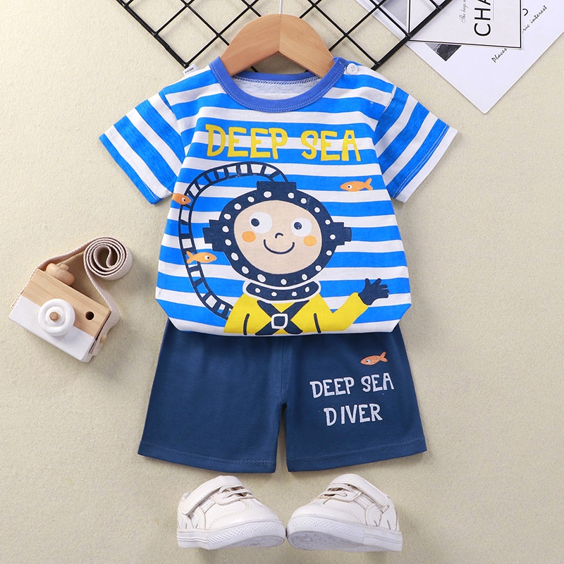 Bộ Đồ 2 Món 100% Cotton Gồm Áo Thun Tay Ngắn Và Quần Ngắn In Họa Tiết Động Vật Hoạt Hình Cho Bé Trai 1-7 Tuổi