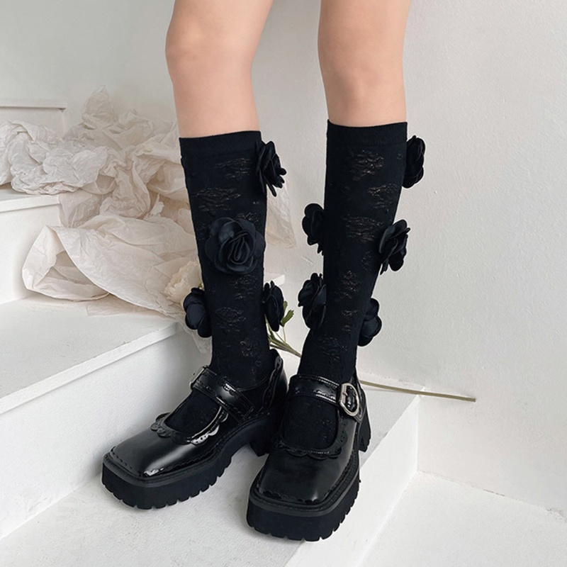Tất Bắp Chân Cotton In Họa Tiết Hoa 3D Phong Cách Lolita Cho Nữ