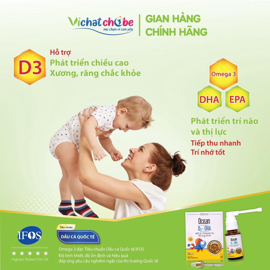 Orzax Ocean D3 + DHA dạng xịt cho bé - Giúp hấp thu canxi, tăng chiều cao, phát triển trí não và thị lực 20ml