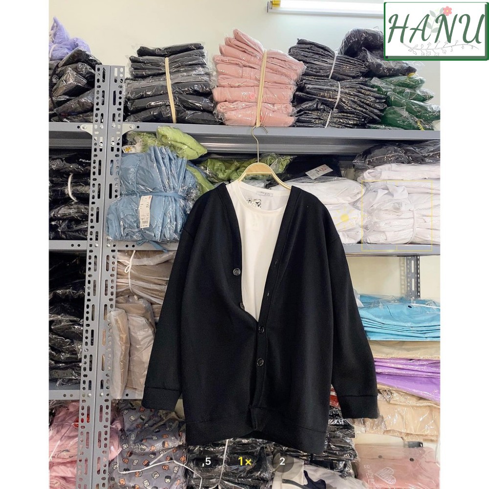 Áo cardigan Felt nữ trơn cổ tim HANU chất nỉ bông phối khuy to màu hồng và đen -Hàng nhập khẩu