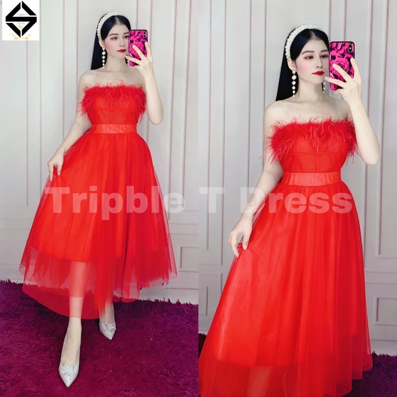 Đâm xoè công chúa cúp ngực phối viền lông tua rua siêu xinh TRIPBLE T DRESS - size M/L -MS373V