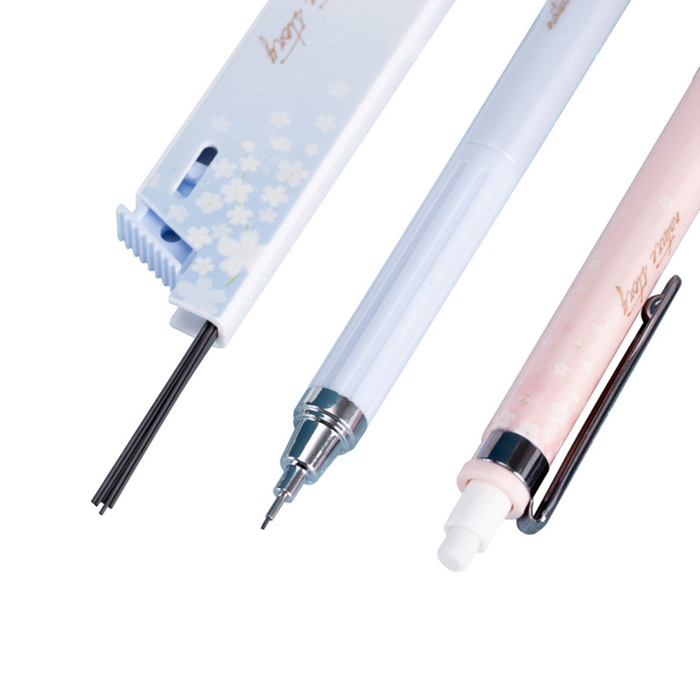 Set Bút Chì Bấm Ngòi 0.5mm Vỏ Cao Su Họa Tiết Hoa Anh Đào Dễ Thương