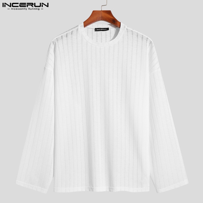 Áo thun INCERUN lưới chui đầu dáng rộng cổ tròn họa tiết kẻ sọc màu xuyên thấu thời trang cho nam