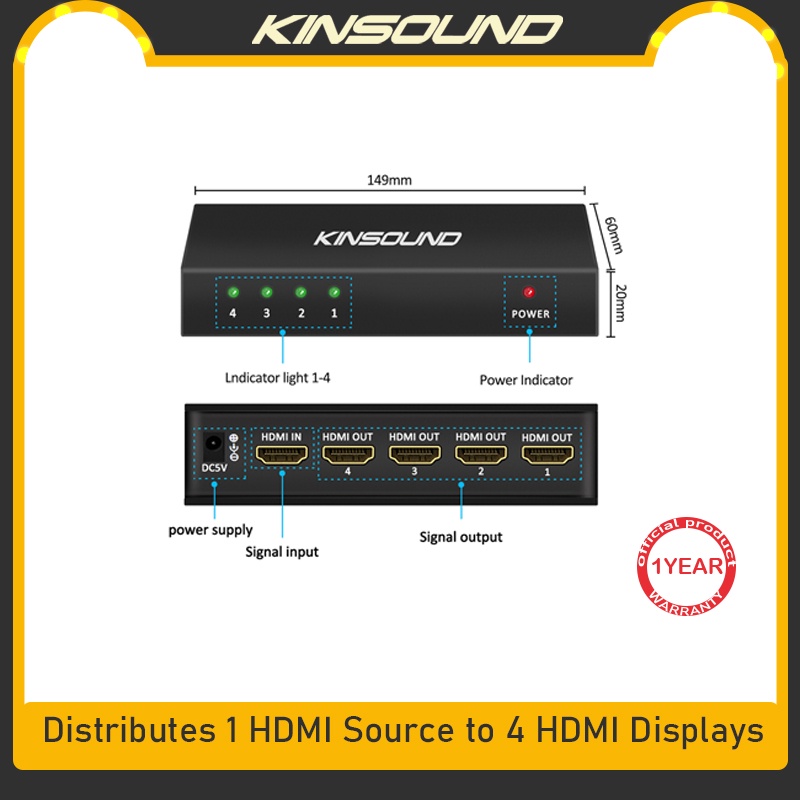Bộ chia HDMI Kinsound 4K Cổng 1X4 hỗ trợ Bộ chuyển đổi video 4K / 2K V1.4b với độ phân giải Full Ultra HD 1080P và 3D