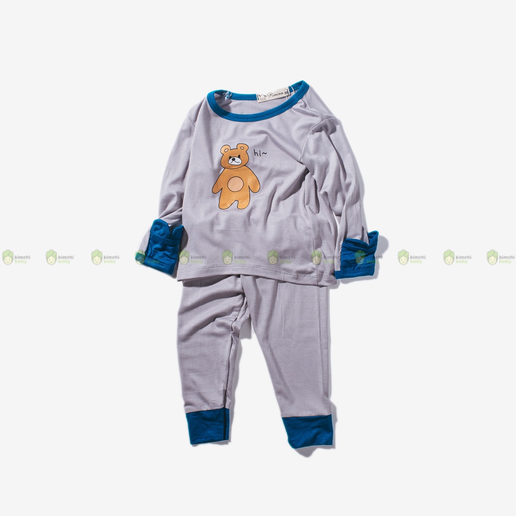 Bộ Dài Tay Bé Gái, Bé Trai KIMCHIBABY Vải Thun Lạnh Hoạ Tiết Gấu Bear Tay Lật, Bộ Quần Áo Trẻ Em Thu Đông KWTD2203