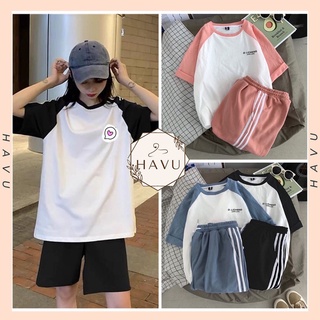 Bộ thể thao nữ 3 sọc form thụng nữ - Set quần short suông áo kèm cộc tay form rộng mặc nhà ulzzang