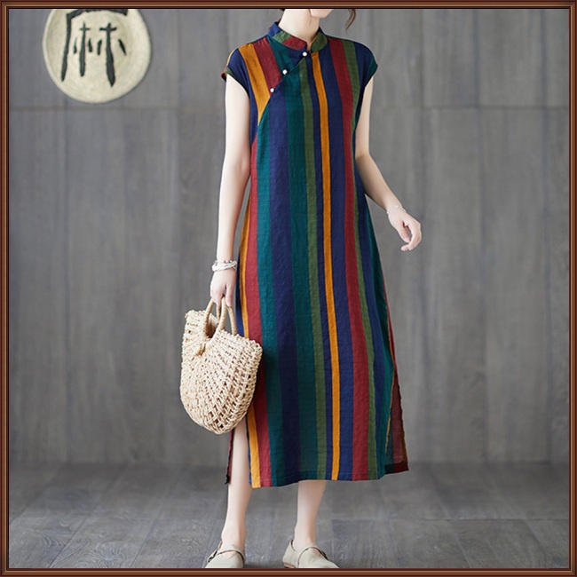 Đầm Sườn Xám Không Tay Cổ Đứng Chất Liệu Cotton Lanh Thoáng Khí Thoải Mái Họa Tiết Kẻ Sọc Cổ Điển Cho Nữ