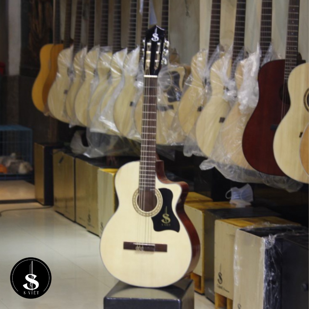 Đàn guitar classic cho người mới tập gỗ Hồng Đào thịt 100%, có ty chỉnh cong mã ES185