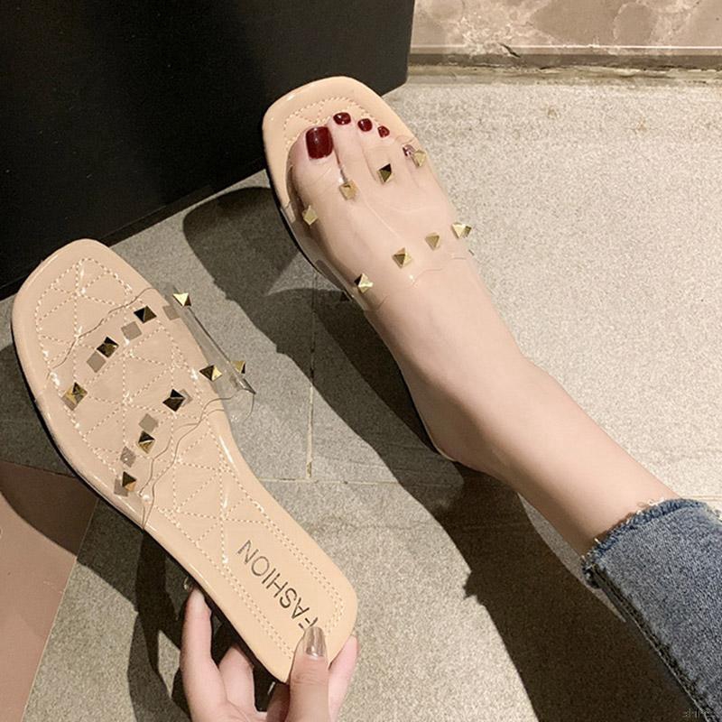 Women Summer Personality Transparent Rivet Solid Color Concise Casual Flat Slipper