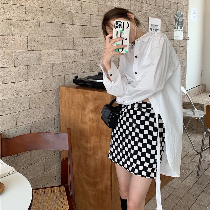 IELGY Áo Sơ Mi Dây Rút Rộng Đa Năng Phiên Bản Hàn Quốc Và Váy Kẻ Caro