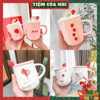 Ly sứ có nắp gắn cầu vồng 3D in hình dâu tây màu hồng có quai cầm kèm muỗng cà phê Tiệm Của Nhi LSCN04
