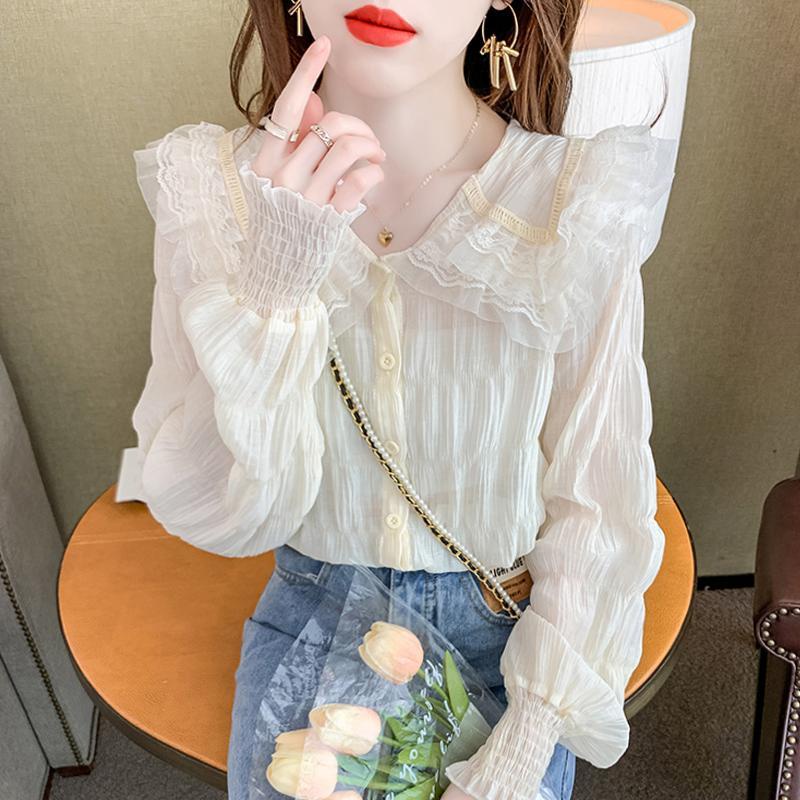 Áo Sơ Mi Chiffon Tay Dài Cổ Peter Pan Phối Ren Thời Trang 2022 Cho Nữ