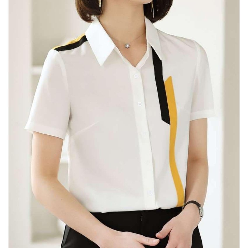 Áo Sơ Mi Nữ Tay Ngắn Phối Viền Ghép VG02 Thời Trang ERINA Chất Kate Mềm Mịn,Thoáng Mát