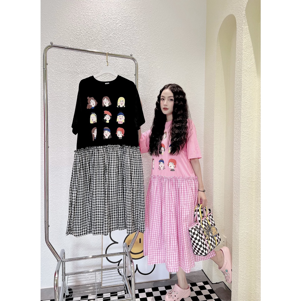 Đầm Suông Đuôi Cá Phối Caro, Họa Tiết Dễ Thương - HN215