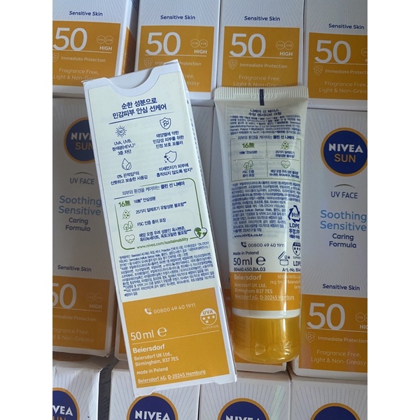 Kem chống nắng Nivea soothing sensitive SPF50+ PA++++ 50ml