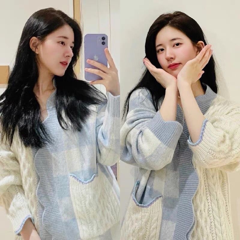 Áo cardigan len khoác Triệu lộ tư thiết kế caro xanh và trắng thừng trẻ trung