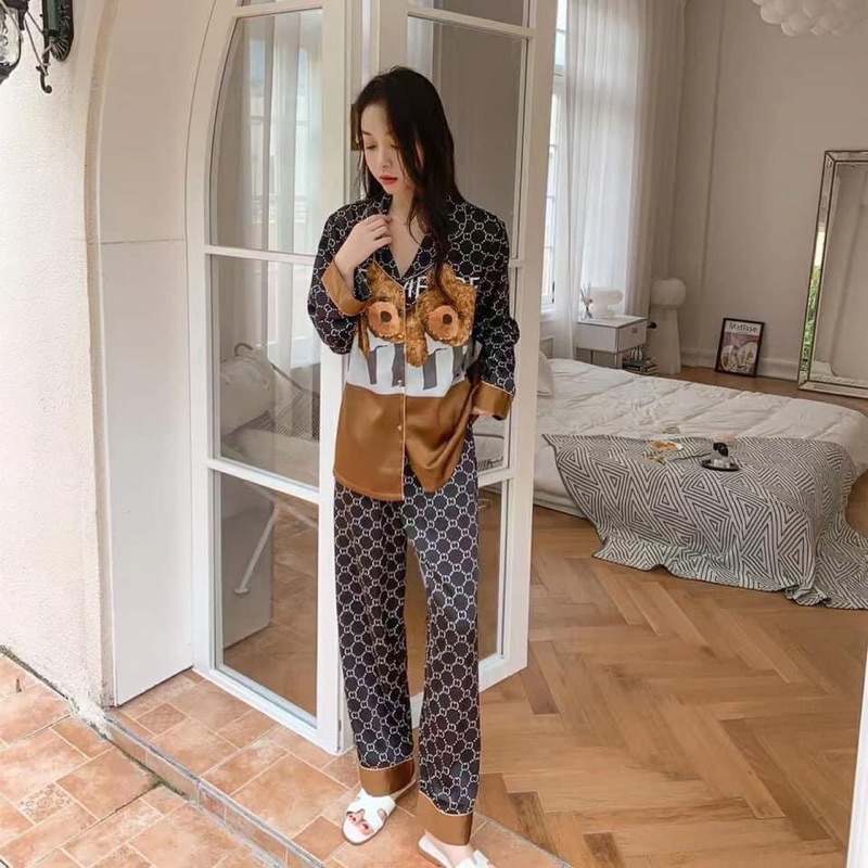 (Dưới 65kg) Đồ bộ pijama mặc nhà LỤA MANGO tay ngắn quần dài - tay dài quần dài in 2 mặt thiết kế cao cấp hình gấu GG