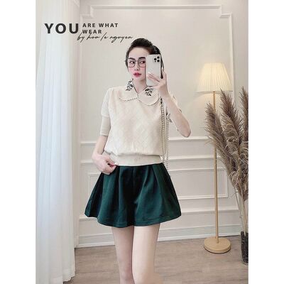 Áo montoghi cộc cổ sen thêu hoa QC