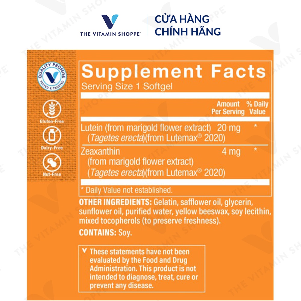 Viên uống bổ mắt tăng cường thị lực THE VITAMIN SHOPPE Lutein 20MG 60 viên
