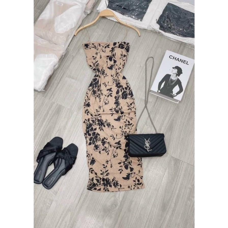 TBO-Đầm hotgirl body dài 2 dây hoạ tiết sang chảnh kèm mút rằn ri da beo cotton su in chuyển nhiệt