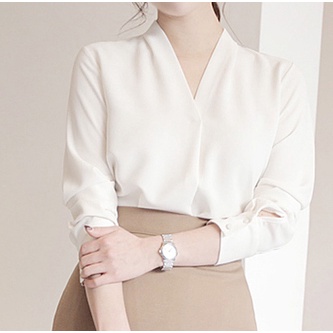 Áo sơ mi nữ, vải voan thanh lịch cổ chữ V, phong cách Hàn Quốc, phong cách công sở, mẫu mới nhất - B40