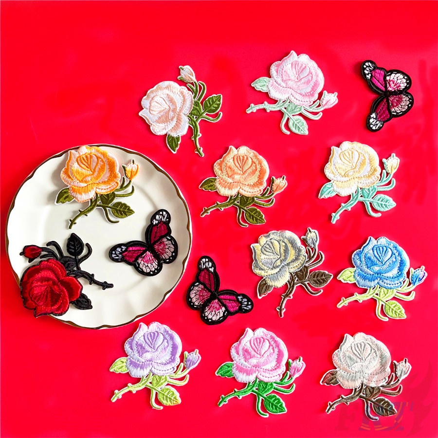✿ Sticker Ủi Thêu Hình Hoa Hồng Và Bướm ✿ 1 Sticker Ủi Thêu Hình Huy Hiệu