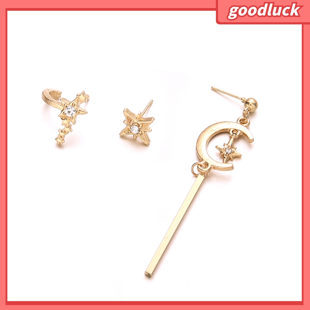 Set 3 Khuyên Tai Xỏ Hình Mặt Trăng / Ngôi Sao Đính Đá Thời Trang Cho Phụ Nữ