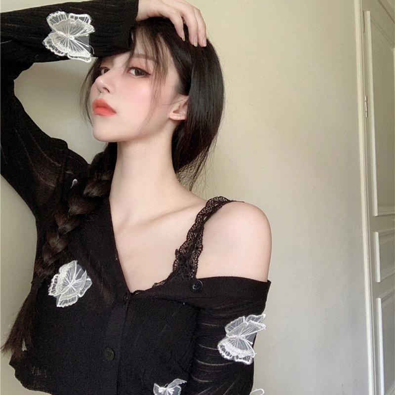 Áo Khoác Cardigan Tay Dài Phối Lưới Hoạ Tiết Bướm 3D Cho Phái Nữ