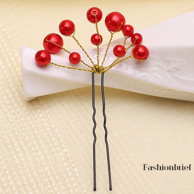 Set 6 kẹp tóc đính hạt màu đỏ xinh xắn cho nữ