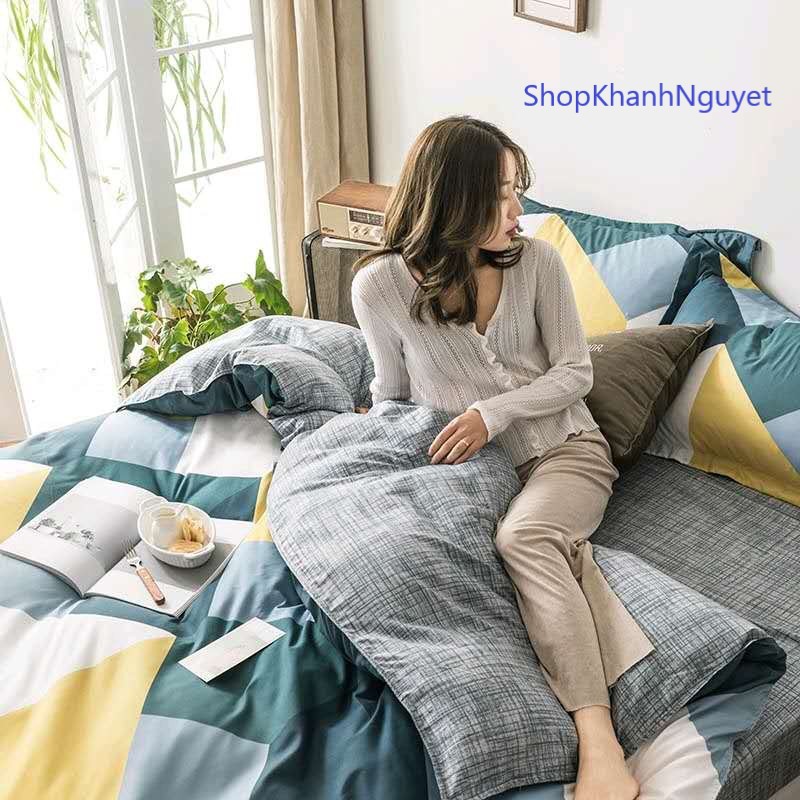 Bộ Chăn Ga Gối Cotton Poly Nhập Khẩu - Ziczac Vàng Xanh (SP001153)