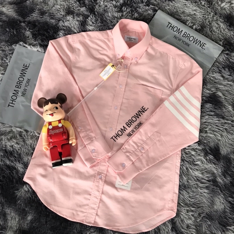 Sơ mi Thom Brown hồng 4 sọc trắng tay