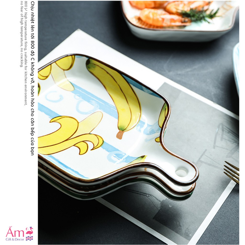 Đĩa Sứ Họa Tiết Đựng Hoa Quả Decor Trang Trí Bàn Ăn Có Tay Cầm - Kích Thước 22.5x16cm, Sâu Lòng 3.4cm - ẤM GIFT & DECOR | BigBuy360 - bigbuy360.vn