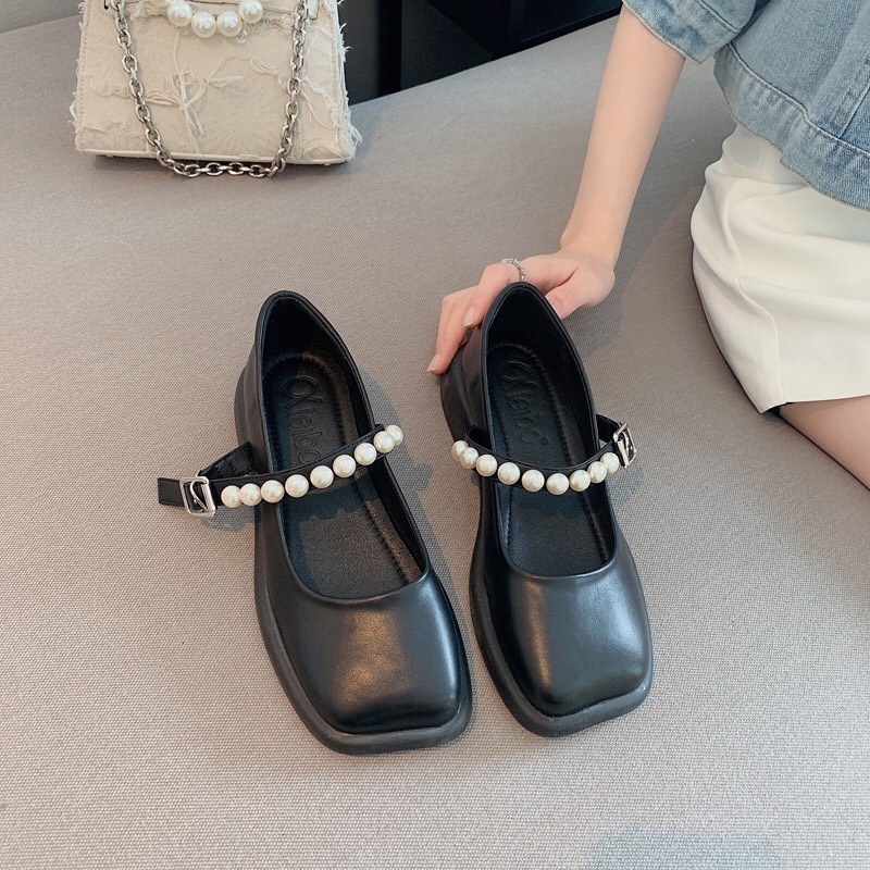 Giày lolita vintage đế vuông quai cài ngọc phong cách hàn quốc mã K10