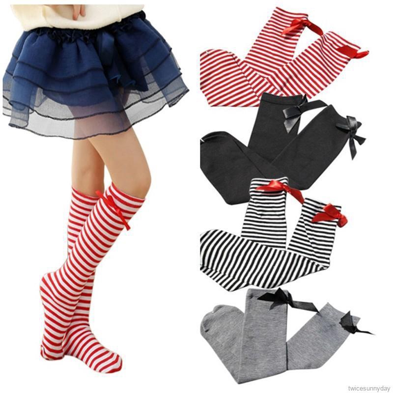 Vớ Cotton Cao Cổ Họa Tiết Sọc Ngang Xinh Xắn Dành Cho Bé Gái