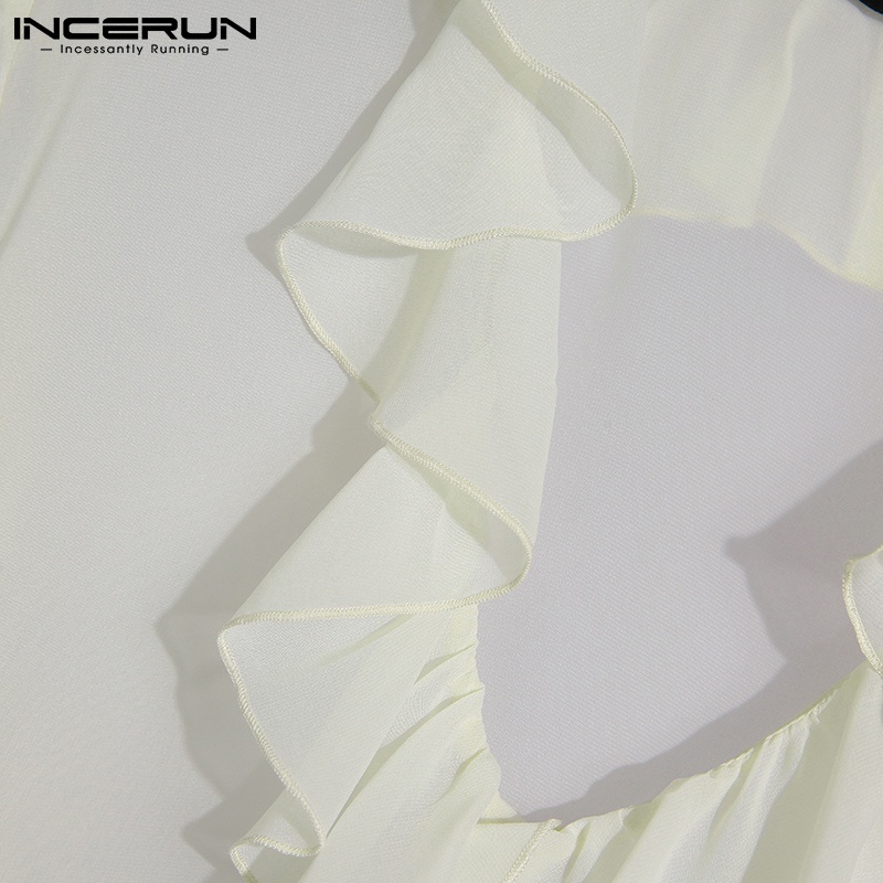 INCERUN Nam thời trang quý phái nhìn xuyên qua áo sơ mi dài tay có cổ chữ V xù