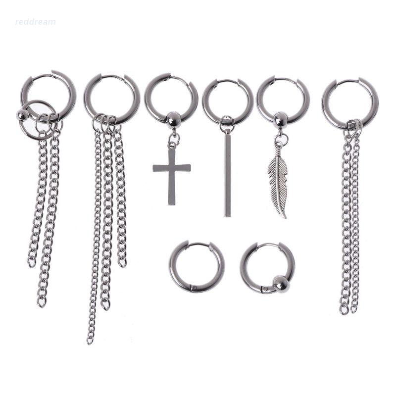 Khuyên tai thép titan dáng dài phối dây xích phong cách Hàn Quốc cá tính dành cho nam