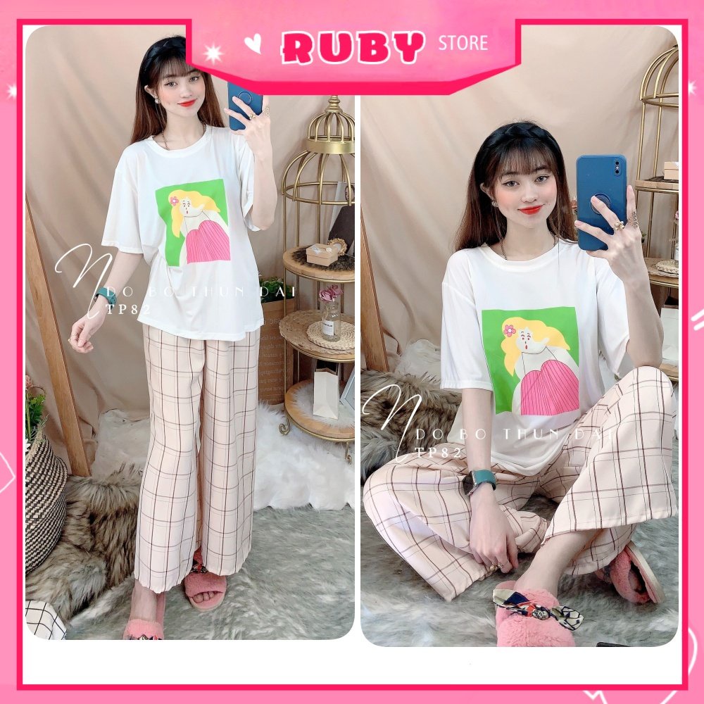 Đồ bộ ống rộng phối sọc kẻ cho nữ chất vải mềm mát lưng thun co giãn in họa tiết hoạt hình dễ thương TP82