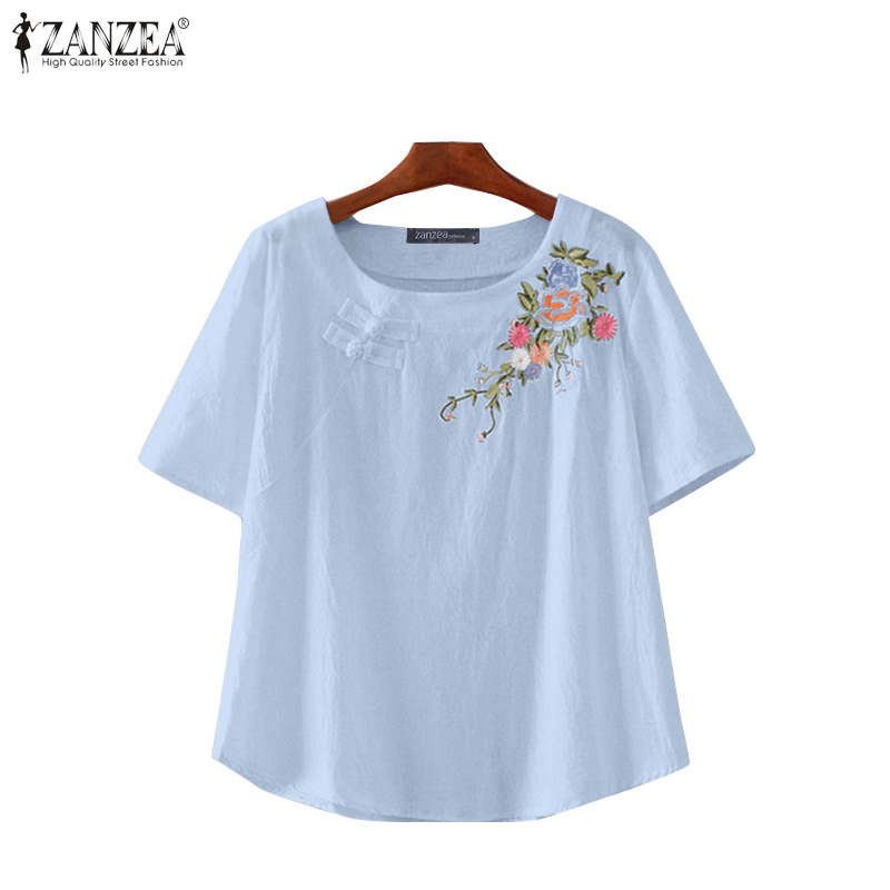 Áo blouse ZANZEA thêu hoa tay ngắn cổ tròn rộng rãi thông thường