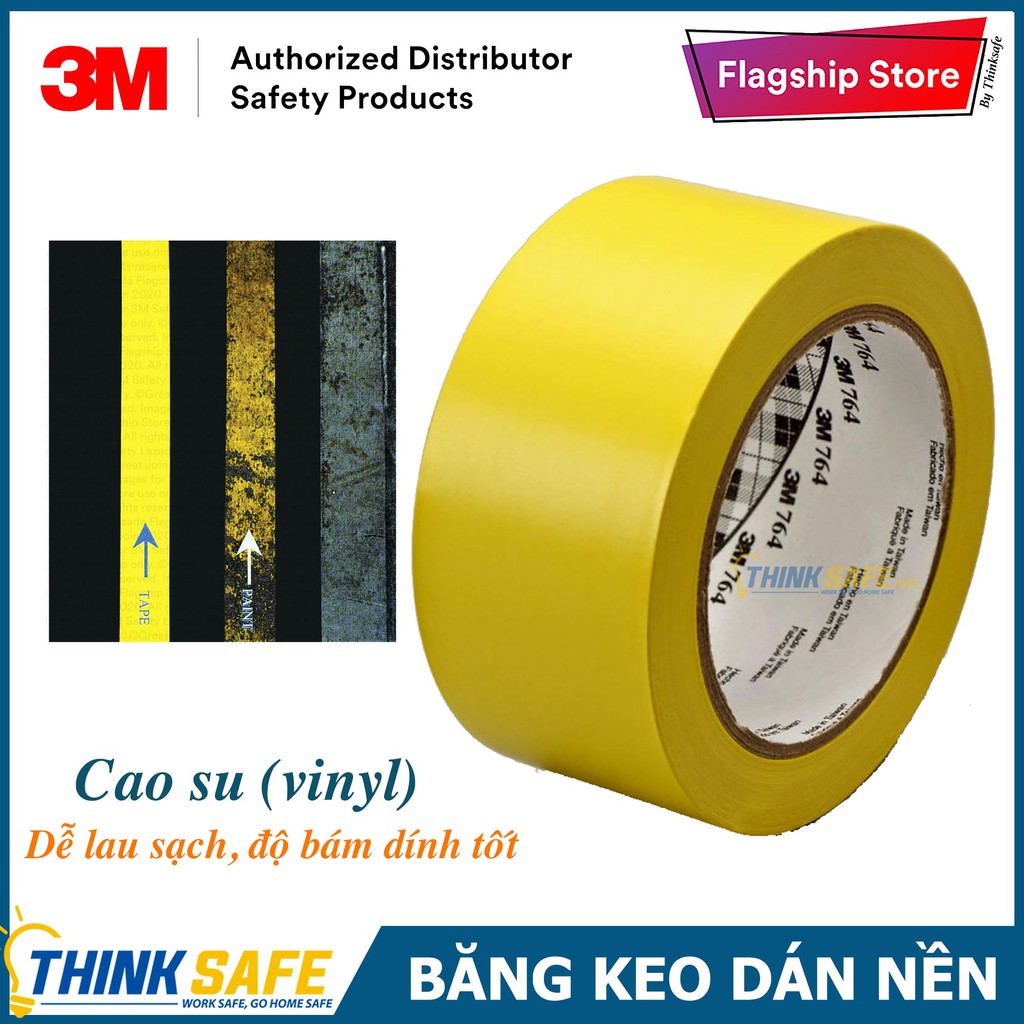 Băng keo dán nền 3M 764 cảnh báo màu vàng chuyên dùng dán cảnh báo phân ô phân làn (50mm X 32,9m)