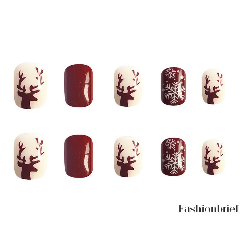 Set 24 móng tay giả màu đỏ rượu phong cách Giáng Sinh đáng yêu