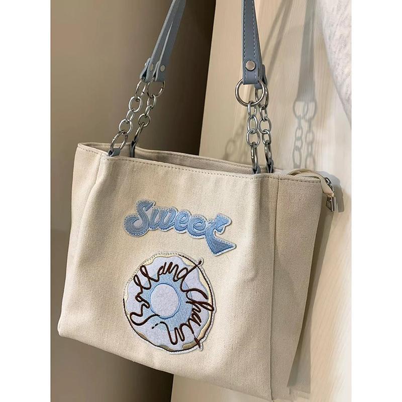 Hàng Có Sẵn Túi Xách Canvas Sức Chứa Lớn Thêu Hình Bánh Donut Mùa Hè Cho Nữ @